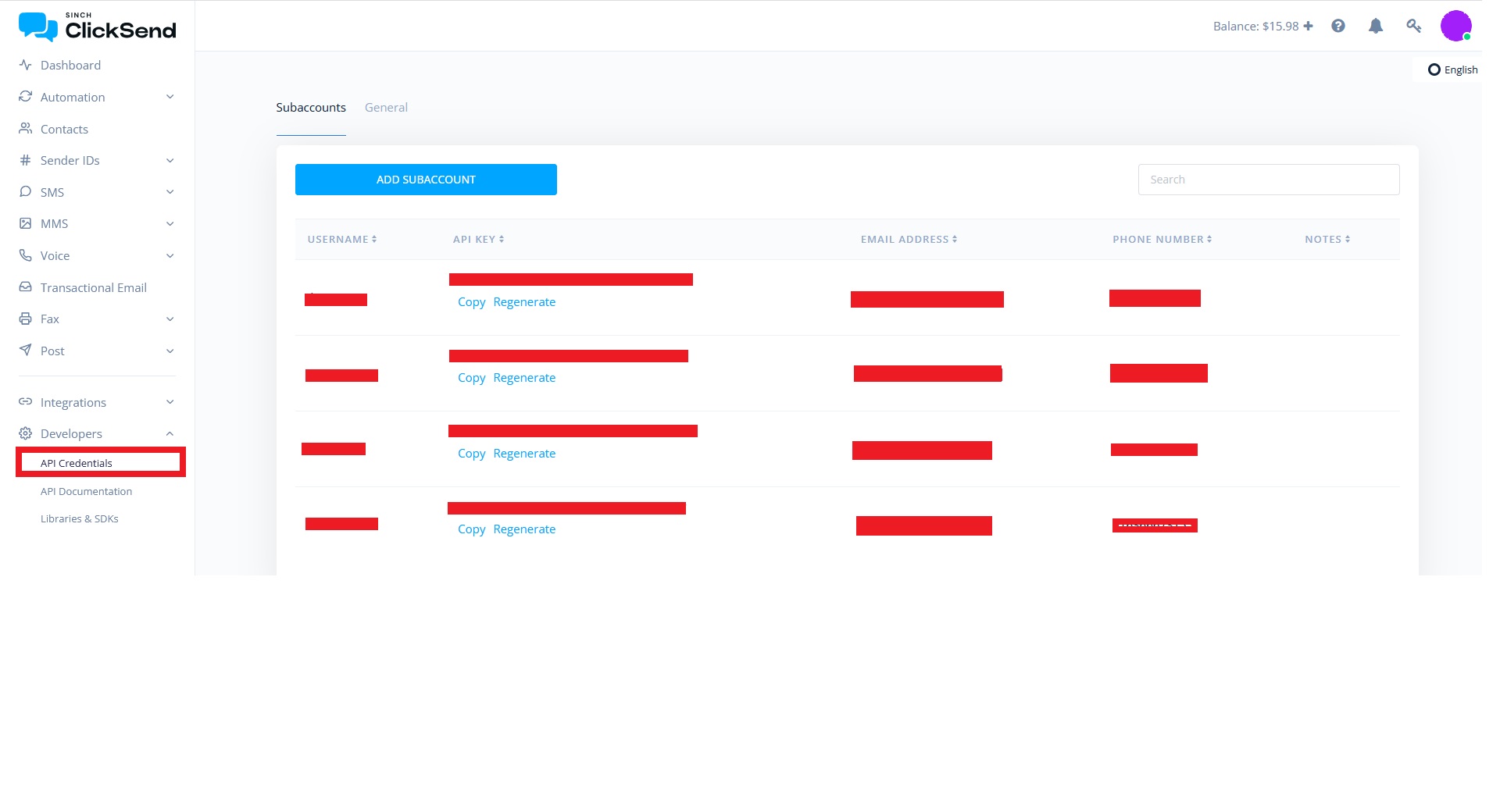 ClickSend API Credentials