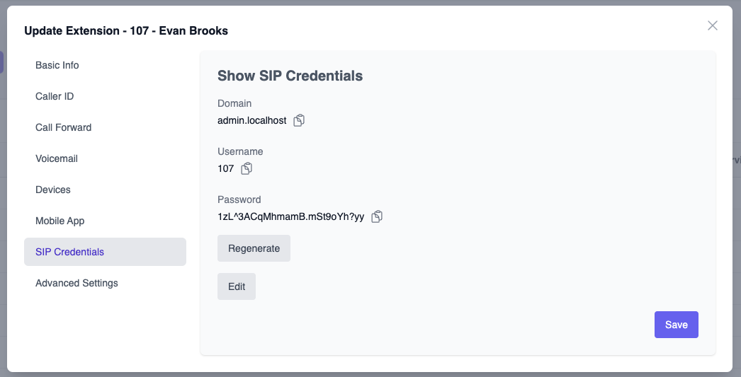 Extension SIP Credentials